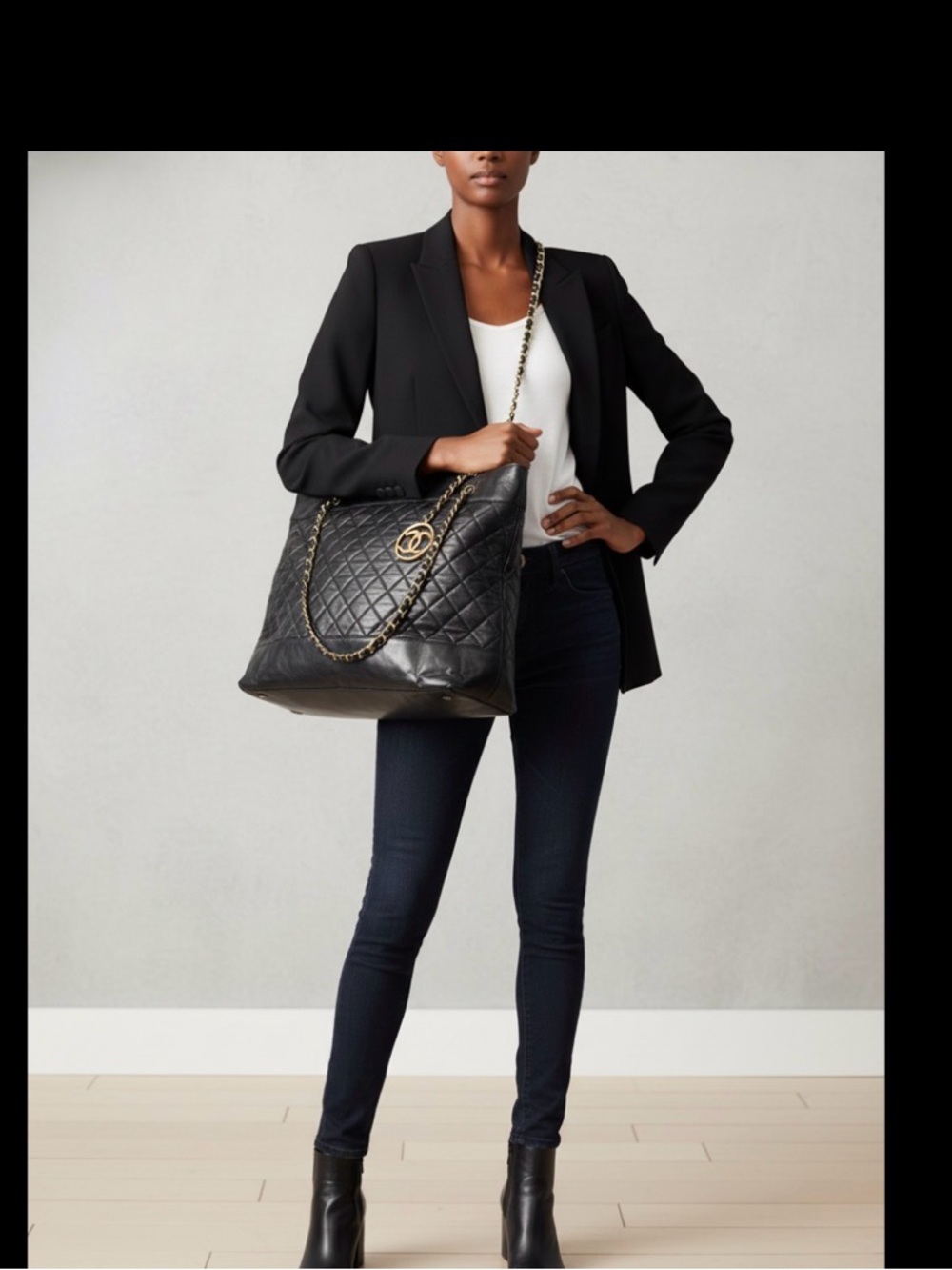 XL Vintage CHANEL Black Quilted Leather Tote with Gold Chain and CC Charm